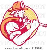Vector Clip Art of Retro Firefighter in Profile, Carrying a Hose over His Shoulder, Against a Yellow Ray Circle by Patrimonio