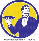 Vector Clip Art of Retro Male Butler Holding a Plate Inside a Blue White and Yellow Circle by Patrimonio