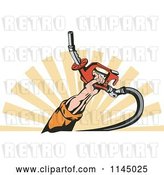 Vector Clip Art of Retro Mans Hand Holding a Gas Fuel Nozzle over Rays by Patrimonio