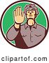 Vector Clip Art of Retro White Male Police Officer Gesturing Stop with His Hand Inside a Brown White and Green Circle by Patrimonio